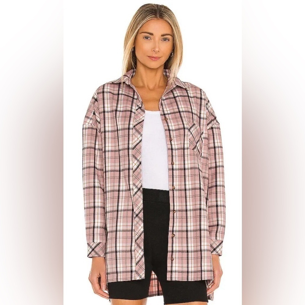 Lovers and Friends Gela Oversized Top Small Pink Plaid long sleeve flannel shirt